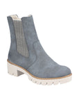 A Rieker blue Chelsea boot with platform lugged white outsole.