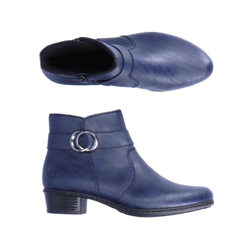 A pair of navy Rieker ankle boots with circle buckle detail, side zipper, light black felt lining  and low black stacked heel.