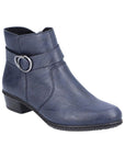 A Navy Rieker ankle boot with circle buckle detail  and low black stacked heel.