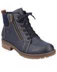 A Rieker navy leather ankle boot with fabric cuff, tan accent stitching and rugged brown outsole. 