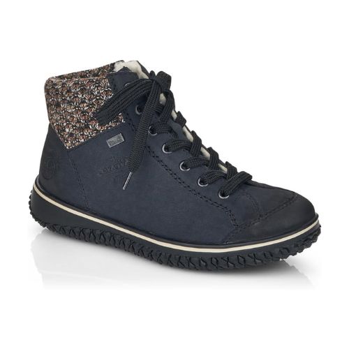 A Rieker navy leather sneaker boot with flat black laces, brown/tan plaid fabric heel cuff, circle logo on heel,  and black aggressive tread.