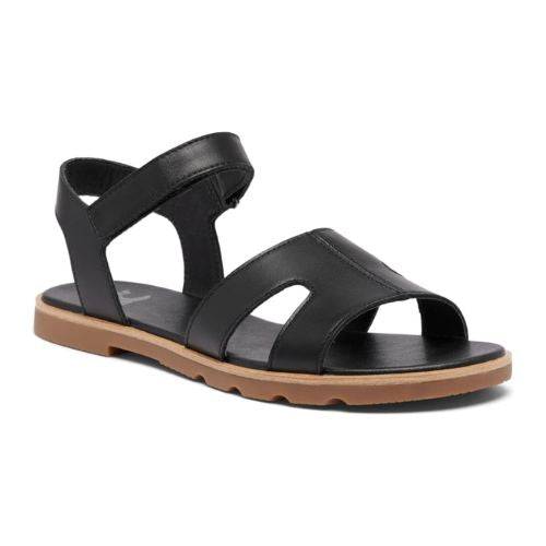 Black leather strappy sandal with brown outsole.