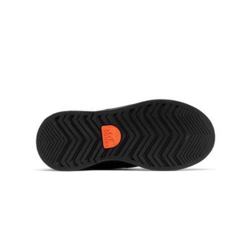 Sole of Sorels Out N About IV Chilly WP Boot: black, waterproof, with high-traction rubber, zigzag treads, and orange logo.