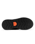 Sole of Sorels Out N About IV Chilly WP Boot: black, waterproof, with high-traction rubber, zigzag treads, and orange logo.