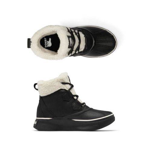 Sorels Out N About IV Chilly WP Boot: black with white fur lining, high-traction rubber soles, top and side views.