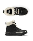 Sorels Out N About IV Chilly WP Boot: black with white fur lining, high-traction rubber soles, top and side views.