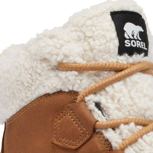 Close-up of the Out N About IV Chilly WP Boot with high traction, beige laces, fluffy lining, and Sorel logo.