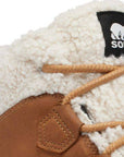 Close-up of the Out N About IV Chilly WP Boot with high traction, beige laces, fluffy lining, and Sorel logo.