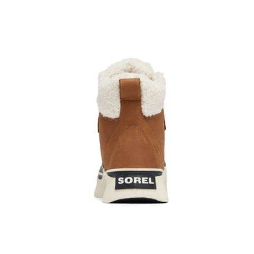 Back view of Sorels Out N About IV Chilly WP Boot, brown with white fluffy collar, on a white background.