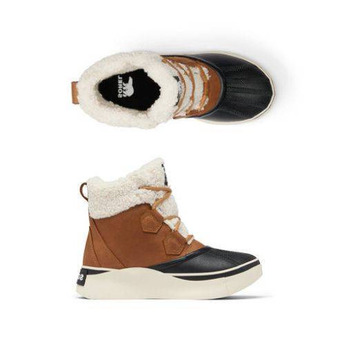 Sorels Out N About IV Chilly WP Boot: brown/black with faux fur lining and high traction rubber, top/side views.