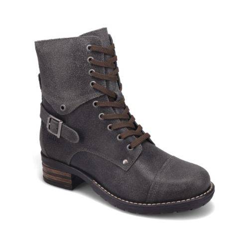 Taos Crave Combat Boot: dark gray leather, lace-up with side buckle, wooden block heel.