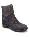 Taos Crave Combat Boot: dark gray leather, lace-up with side buckle, wooden block heel.