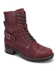 Taos Crave Combat Boot: dark red leather, brown laces, side buckle, wooden heel.