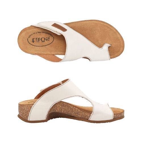 Top and side views of the Taos Loop Sandal in white, showcasing its leather upper, cork footbed, and ergonomic design.