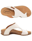 Top and side views of the Taos Loop Sandal in white, showcasing its leather upper, cork footbed, and ergonomic design.