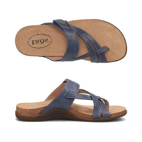 Top and side view of blue Taos Perfect Slide Sandal with leather straps and contoured footbed for comfort.  