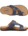 Top and side view of blue Taos Perfect Slide Sandal with leather straps and contoured footbed for comfort.  