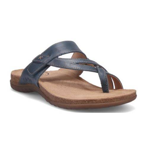 Blue Taos Perfect Slide Sandal featuring leather straps, cushioned footbed, and flat sole.