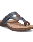 Blue Taos Perfect Slide Sandal featuring leather straps, cushioned footbed, and flat sole.