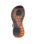 Durable rubber outsole of Super Z Backstrap Sandal with orange and black tread pattern for enhanced grip and stability.