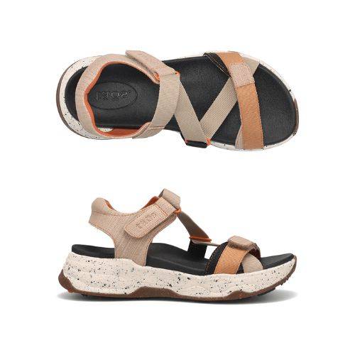 Top and side views of Super Z Backstrap Sandal featuring adjustable Velcro straps, cushioned insole, and lightweight speckled midsole.