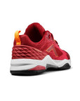 Red pickleball shoe with orange accents, a textured heel, and breathable nylon upper, shown from the back and side angle.