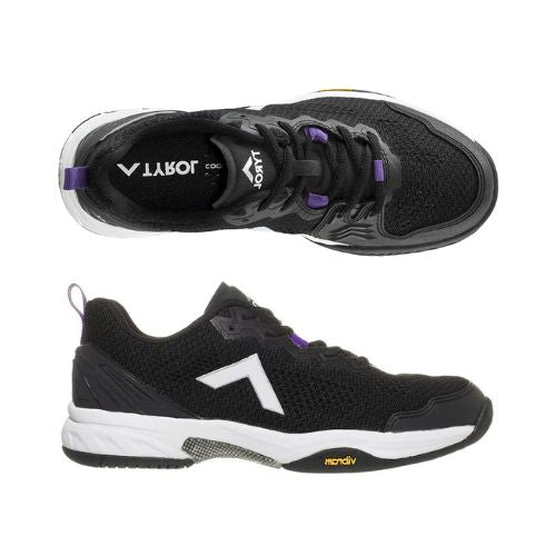 Black athletic shoes with white soles and purple accents, featuring breathable mesh for enhanced lateral stability.