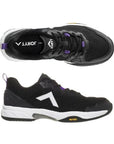 Black athletic shoes with white soles and purple accents, featuring breathable mesh for enhanced lateral stability.