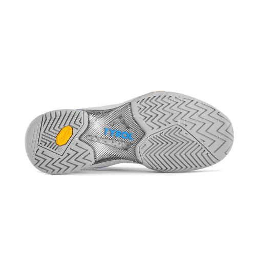 Grey pickleball shoe sole with zigzag traction, yellow logo accent, and enhanced lateral stability.