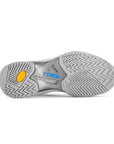 Grey pickleball shoe sole with zigzag traction, yellow logo accent, and enhanced lateral stability.