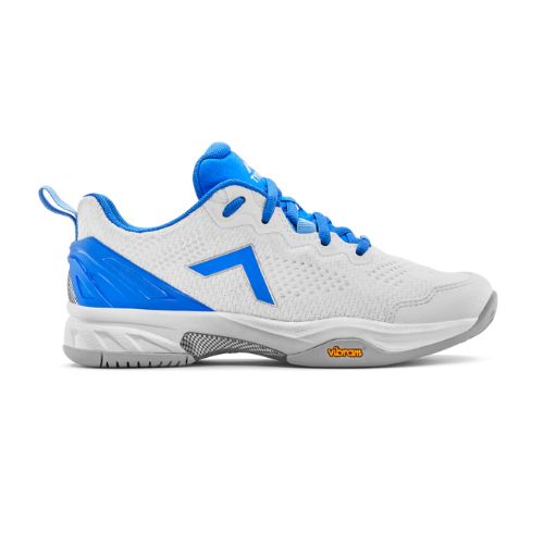 White/Blue pickleball shoe with a gray sole, breathable mesh, and a Vibram logo on the side.