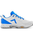 White/Blue pickleball shoe with a gray sole, breathable mesh, and a Vibram logo on the side.