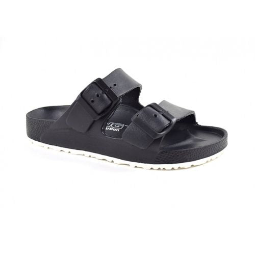 Black EVA sandal with two black buckles and white outsole.