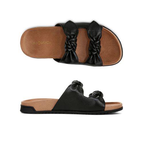 Top and side view of black Elara Slide Sandal featuring knotted straps, soft footbed, and stabilizing heel cups for all-day wear.