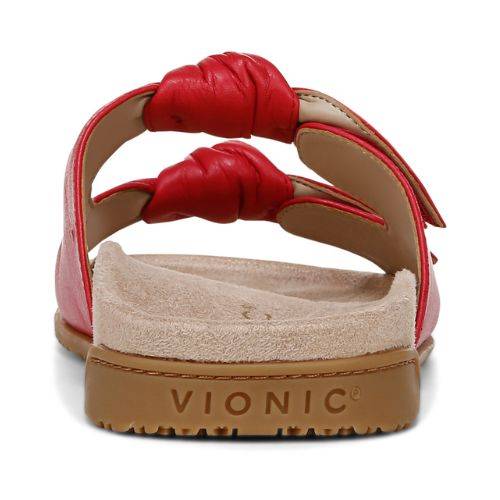 Back view of red Elara Slide Sandal showcasing cushioned footbed, knotted straps, and durable rubber heel.