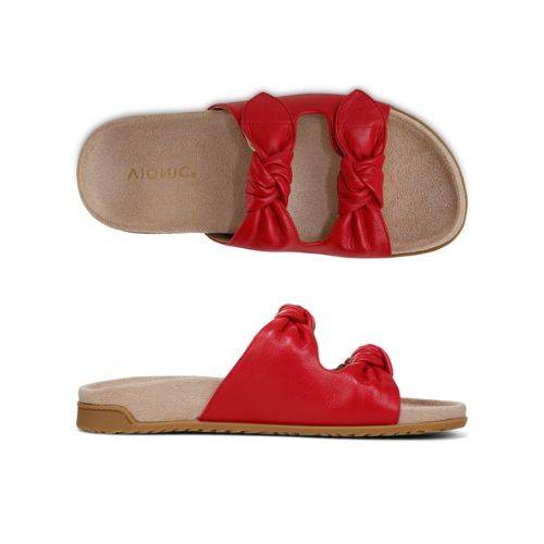 Top and side view of red Elara Slide Sandal featuring knotted straps, soft footbed, and stabilizing heel.