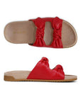 Top and side view of red Elara Slide Sandal featuring knotted straps, soft footbed, and stabilizing heel.