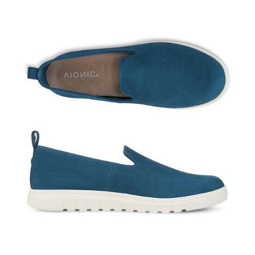 Top and side views of Uptown Willa Loafer in blue leather, showcasing cushioned insole, flexible sole, and slip-on style.