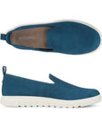 Top and side views of Uptown Willa Loafer in blue leather, showcasing cushioned insole, flexible sole, and slip-on style.