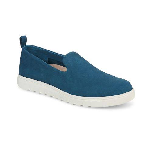 Uptown Willa Loafer in blue leather with white sole, featuring slip-on design, orthotic arch support, and lightweight construction.