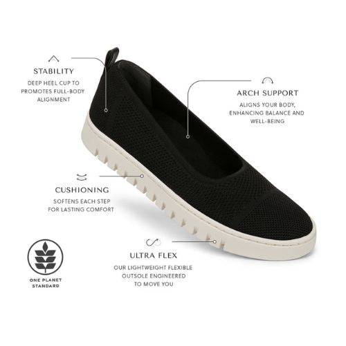 The Vionic Uptown Skimmer Knit Ballet Flat offers stability, cushioning, arch support, flexibility, and an eco-friendly design.