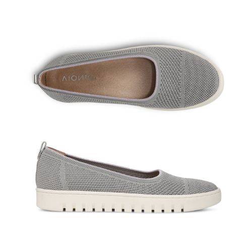 Pair of Vionic Uptown Skimmer Knit Ballet Flats in gray with white soles.