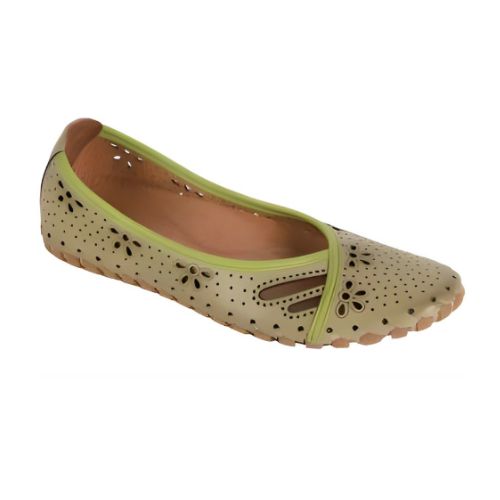 Green ballet flat shoe with floral cutouts.