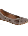 Light grey ballet flat shoe with floral cutouts.