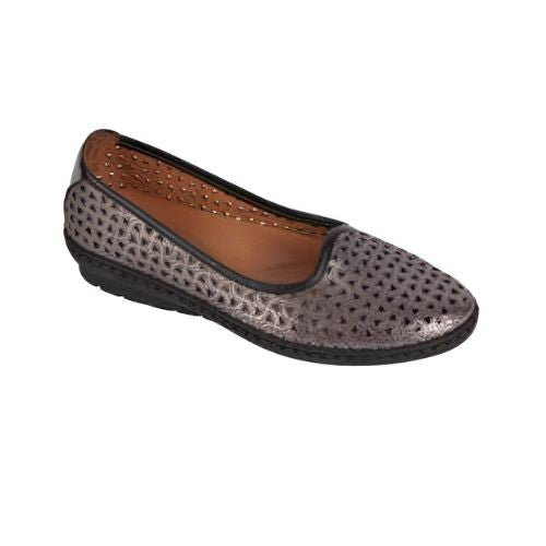 Silver ballet flat with cutouts and black piping and black outsole.