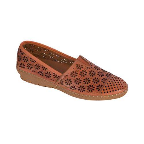 Orange ballet flat shoe with floral cutouts and brown outsole.