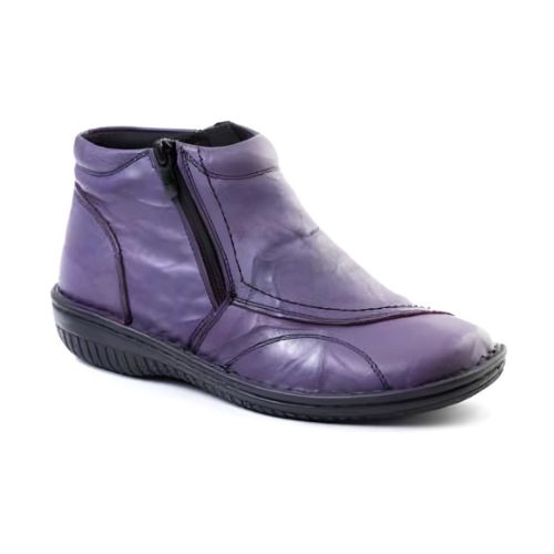 Purple ankle boot with soft textured upper and side zipper.