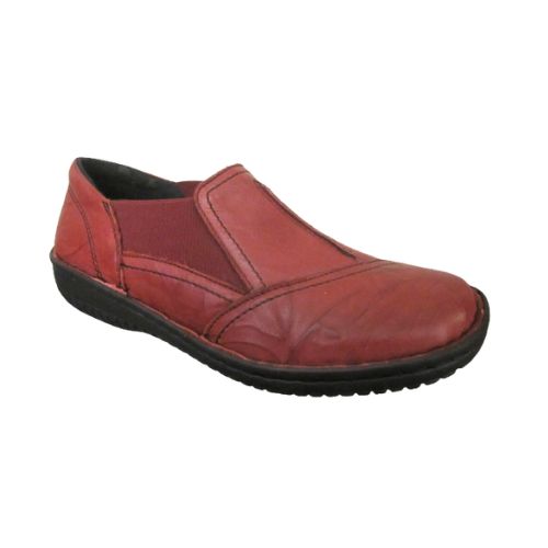 Burgundy slip on shoe with side elastic and detail stitching with thick stitched outsole