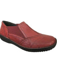 Burgundy slip on shoe with side elastic and detail stitching with thick stitched outsole