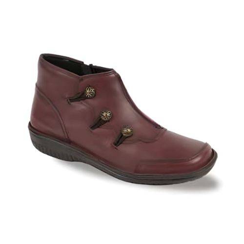 
Burgundy ankle boot with three buttons on side.